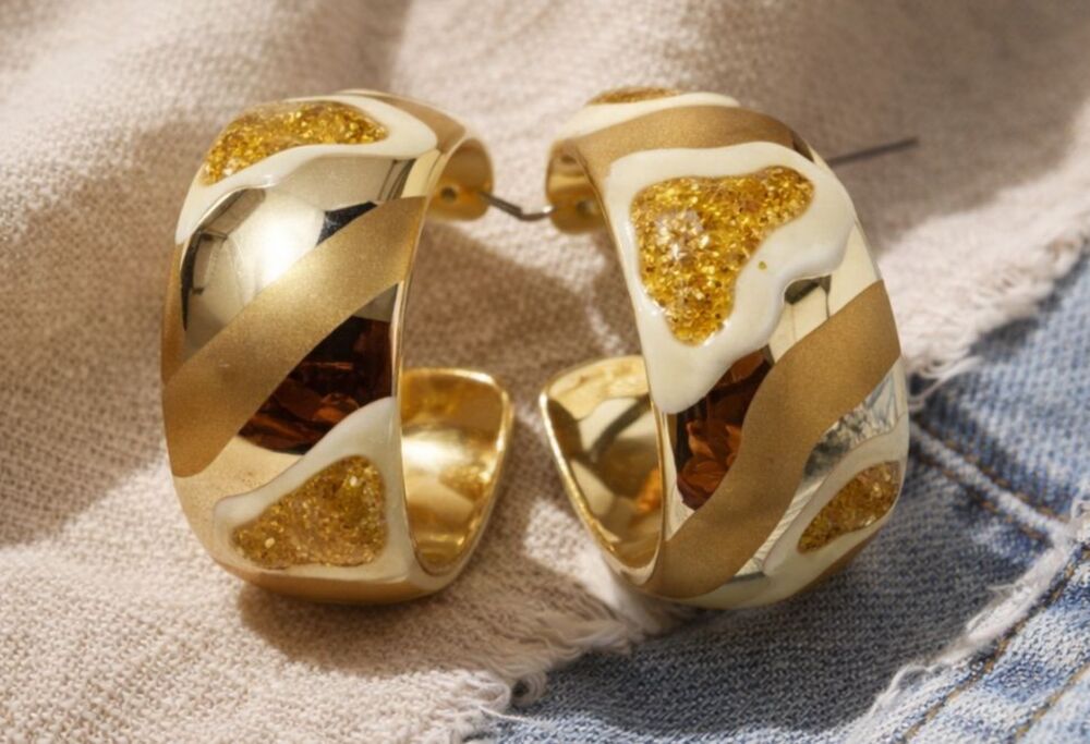 Vintage 80s Chunky Gold Tone Hoop Earrings Bold Statement Abstract Resin